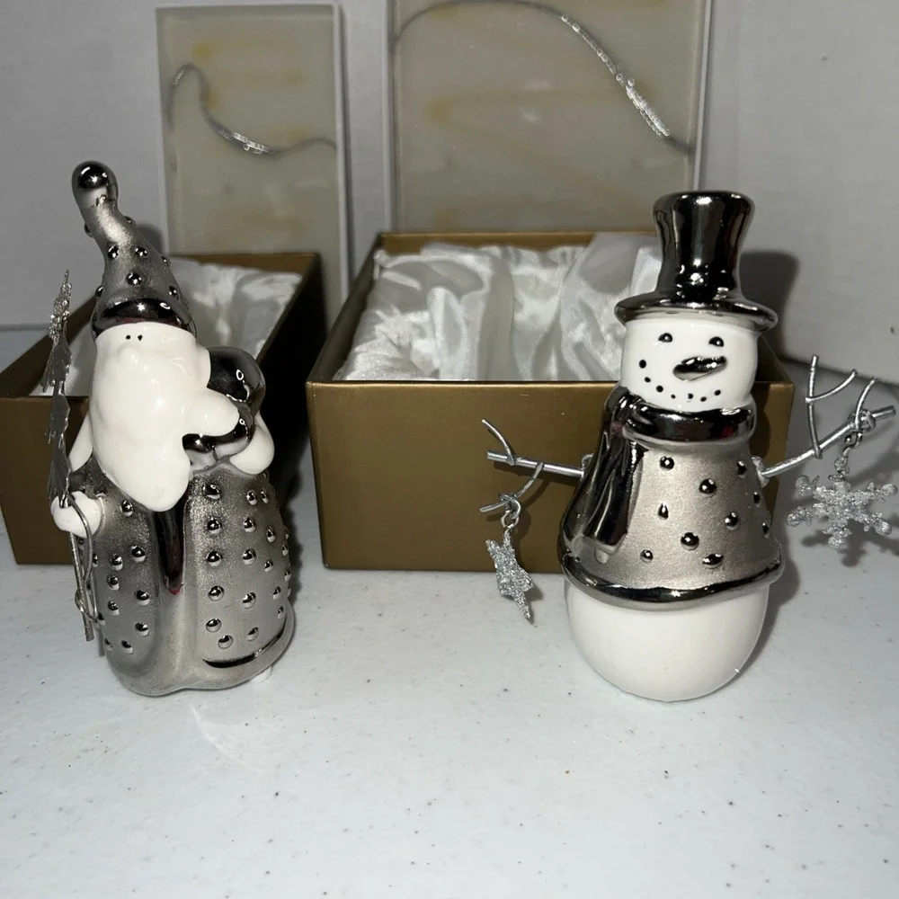 Vintage Pier 1 White Ceramic Snowman  And Santa Figures Silver Christmas